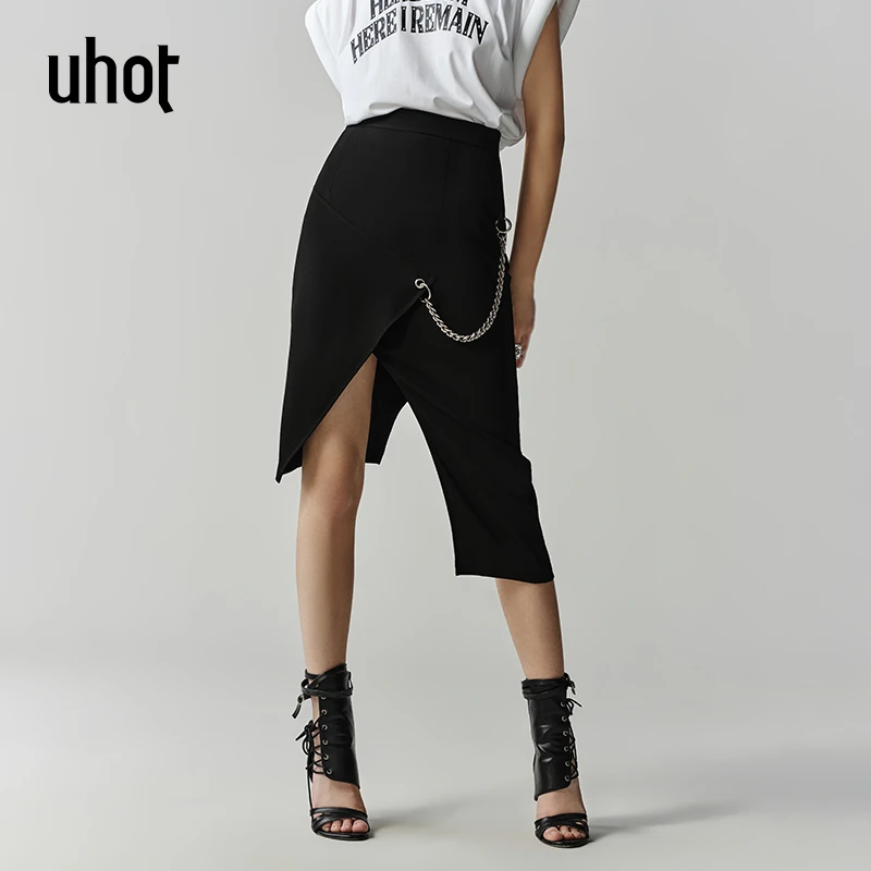 Auuuu/uhot夏季不规则黑色设计感开叉半裙UWSRC4Q121