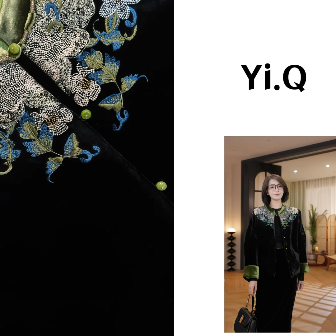 Yi.Q/【绿松云肩】桑蚕丝丝绒重磅手工刺绣贵气加棉外套