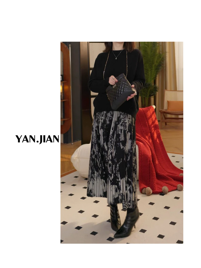 【春风】早春提花高垂坠感抗皱不易起球水墨百褶裙