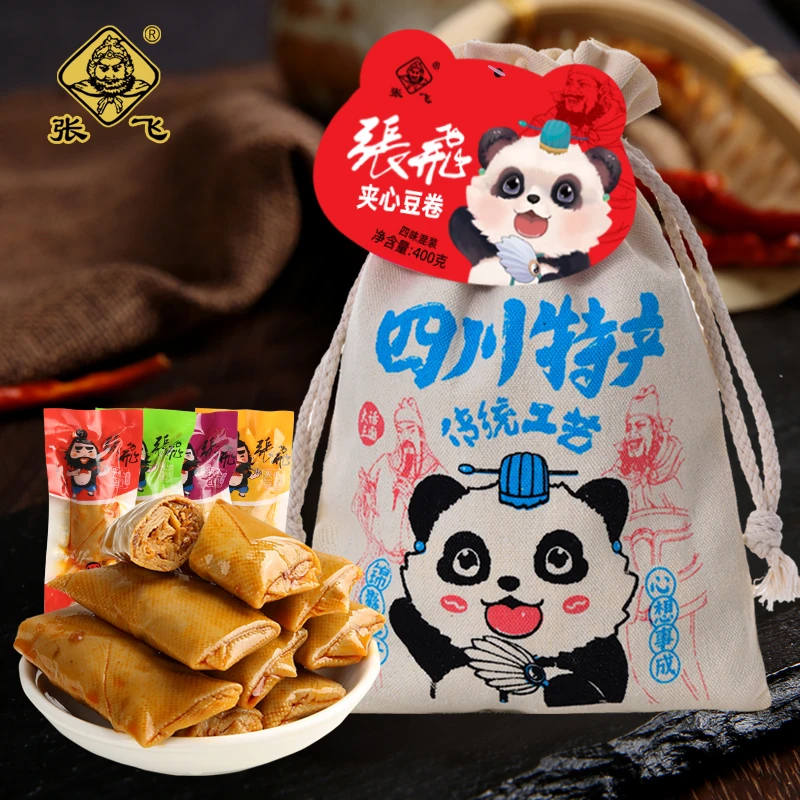 张飞夹心豆卷布袋装伴手礼袋四川特产小包装五香香辣味休闲小零食