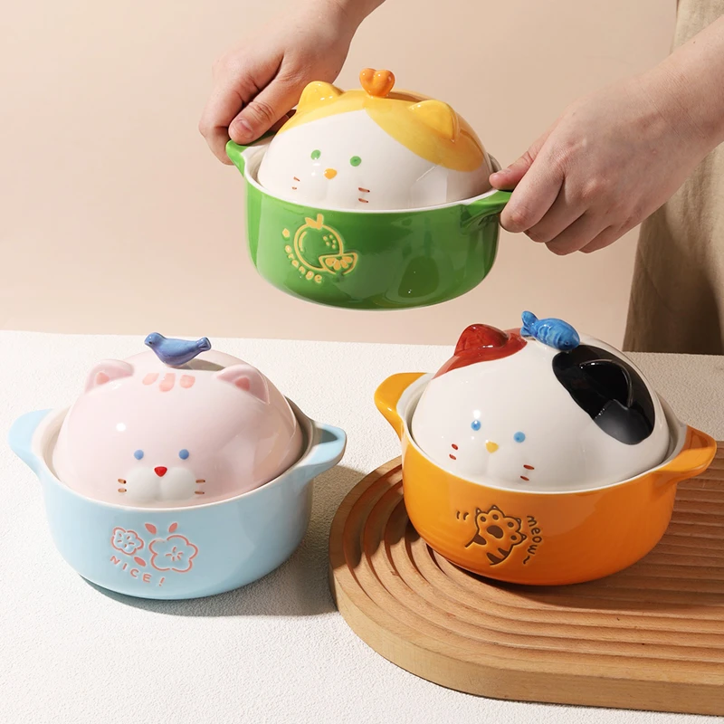 嘟嘟猫咪可爱卡通陶瓷双耳泡面碗带盖家用学生方便面碗餐具高颜值