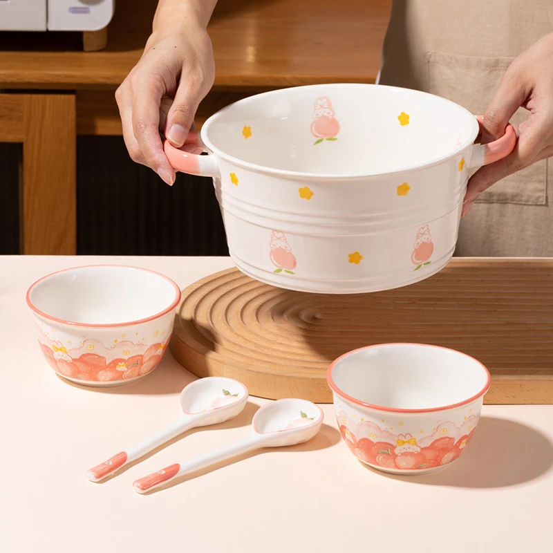 蜜桃兔双耳大汤碗套装5件(2L汤碗*1+饭碗*2+勺*2)大汤碗餐具套装