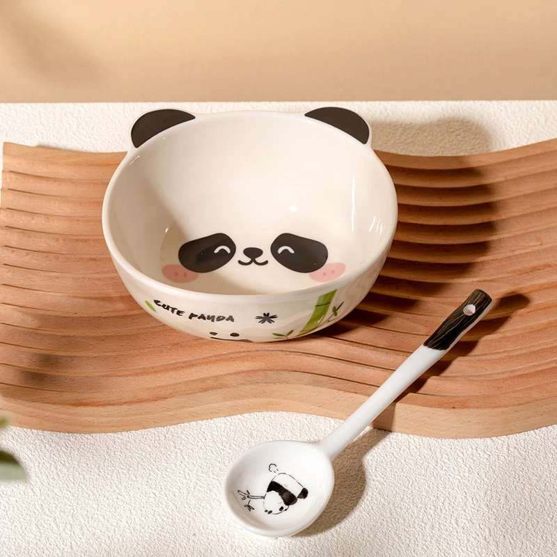 熊猫可爱陶瓷碗勺组合家用2024新款卡通高颜值早餐燕麦碗餐具套装