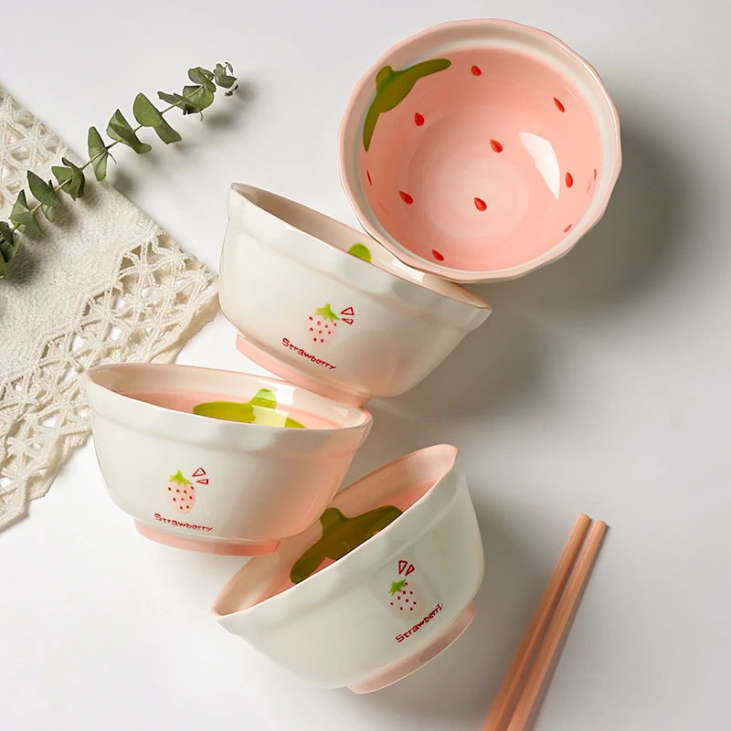 草莓陶瓷4.8英寸米饭碗*4个 可爱颜值吃饭碗家用餐具套装个人专用