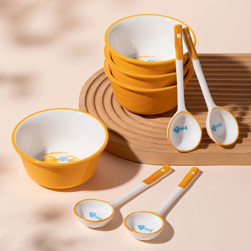 喵喵猫可爱卡通陶瓷4.5英寸米饭碗 碗勺套装组合高颜值家用吃饭碗