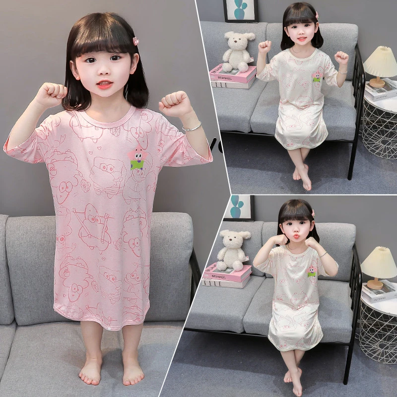 儿童睡衣女童睡裙夏季连体薄款莫代尔印花空调服小女孩透气家居服