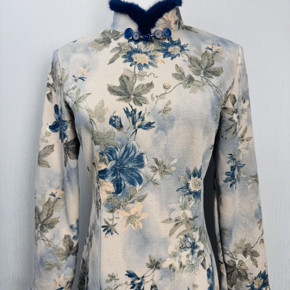 对枝唱 国风冬季旗袍日常长袖减龄优雅高端气质加厚改良连衣裙