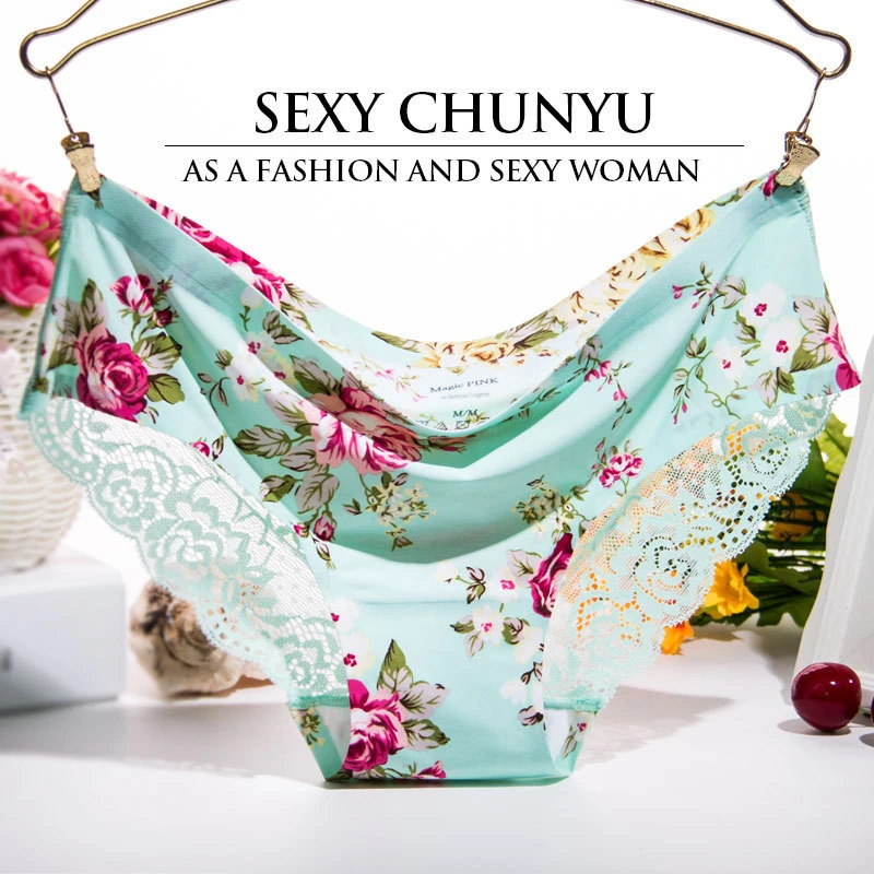 夏季薄款甜美冰丝无痕碎花内裤女 可爱印花蕾丝低腰女士三角裤