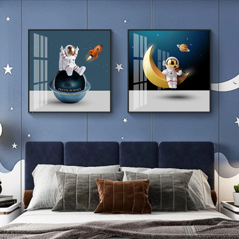 简约现代儿童房装饰画卧室宇航员挂画床头壁画卡通男孩房间创意