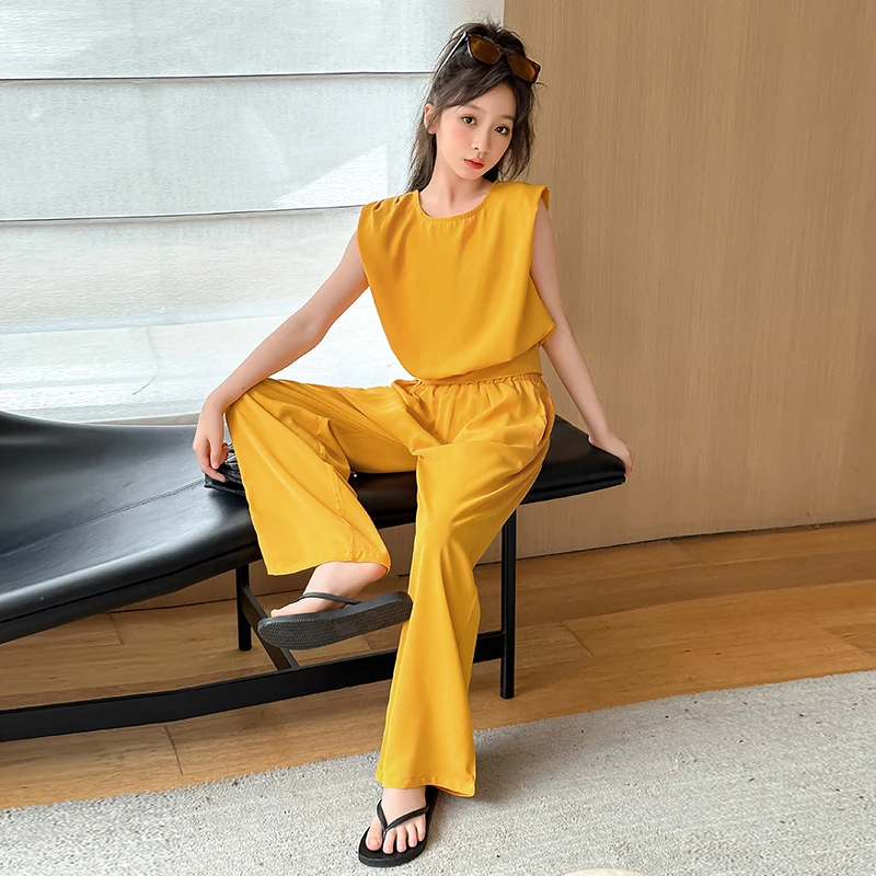 女童2024新款夏季无袖薄款套装中大童女孩时髦休闲纯色两件套夏装