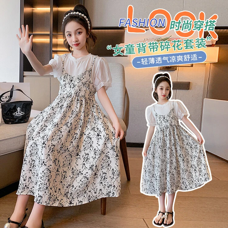 女童雪纺连衣裙夏装2024新款薄款夏天洋气儿童夏季碎花假两件裙子