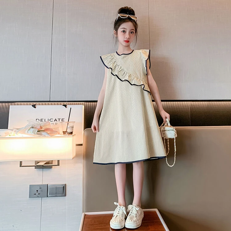 炸街女童连衣裙夏季薄款2024新款洋气大童夏装公主裙儿童背心条纹