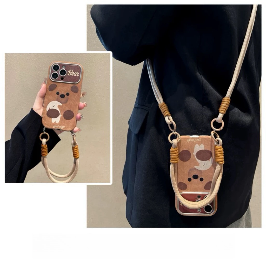 趣味可爱卡通小熊适用苹果16pro手机壳iPhone15侧背14手绳13华为