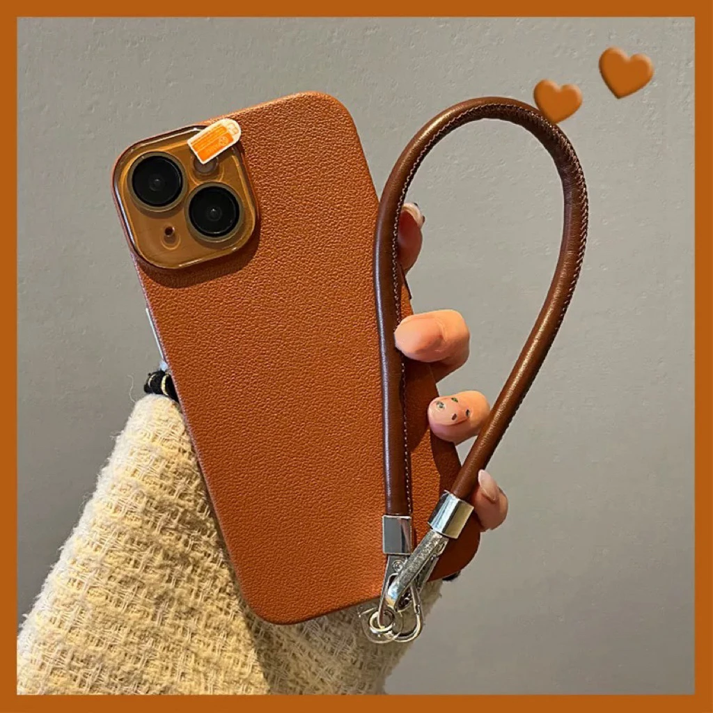 超薄荔枝纹深棕色手绳适用苹果16promax手机壳iPhone15简约14新款