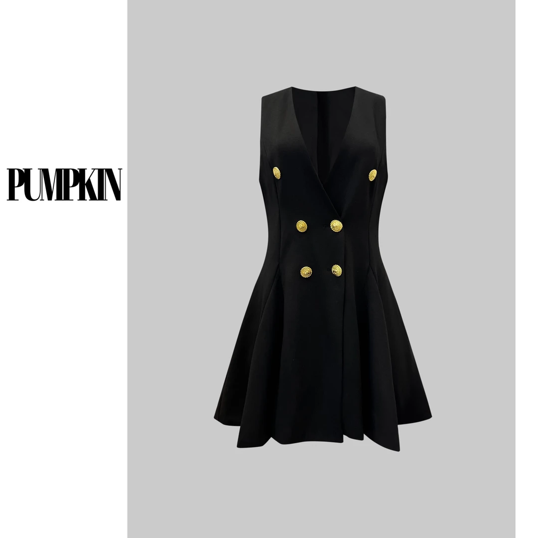 PUMPKIN·【断码处理】大码早秋轻奢双排金扣字母后背拉链A摆连衣裙