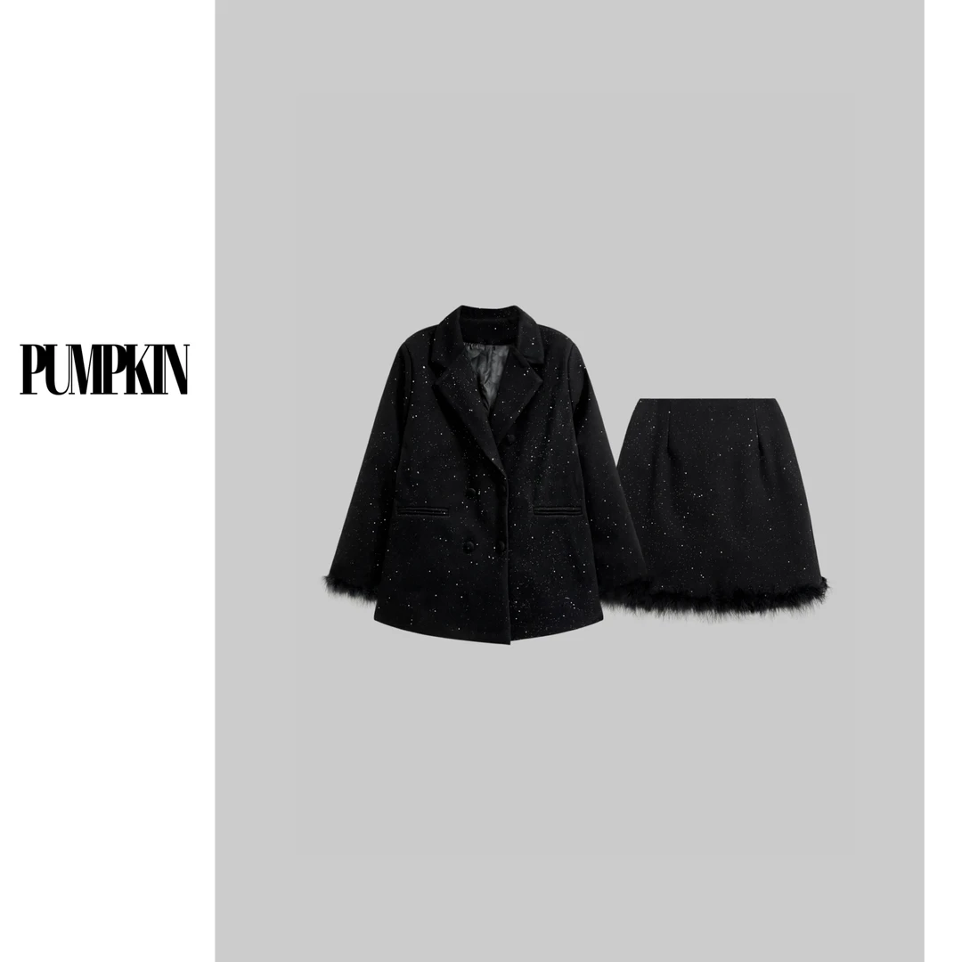 PUMPKIN· 大码羽毛拼接细闪双排扣夹棉西装+半身裙两件套