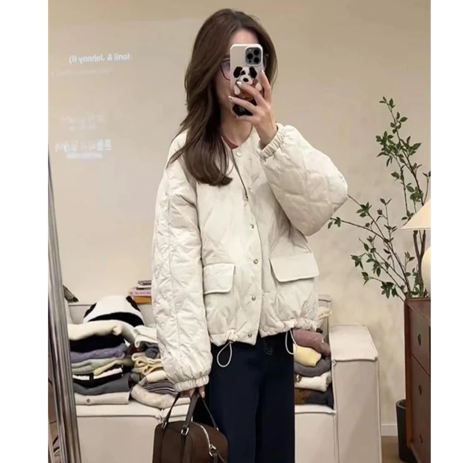 时尚设计感菱形加棉短外套女2024冬季新款休闲宽松小个子轻薄棉服