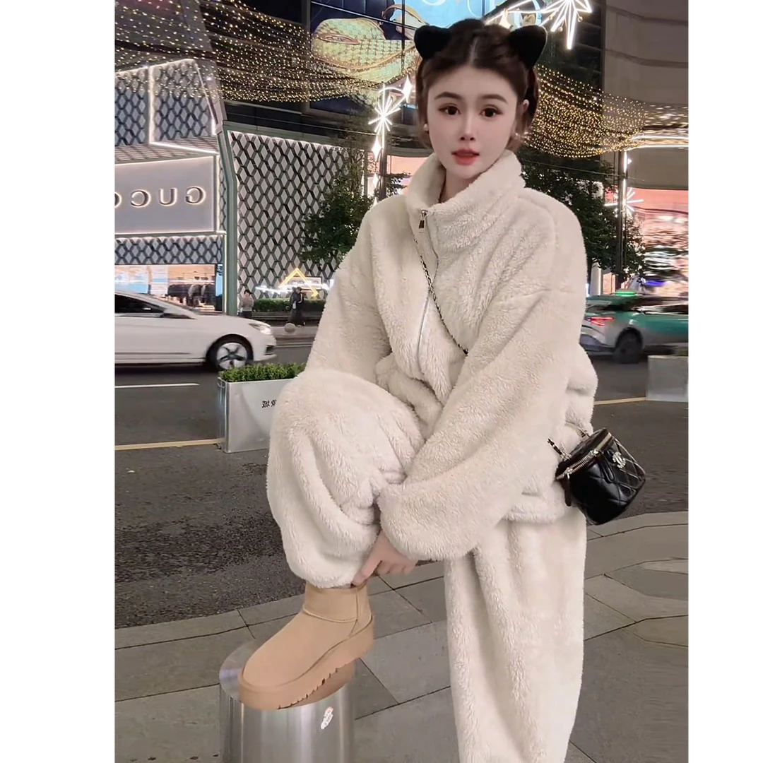 秋冬立领加厚双面绒套装女2024新款韩版休闲宽松两件套时尚家居服