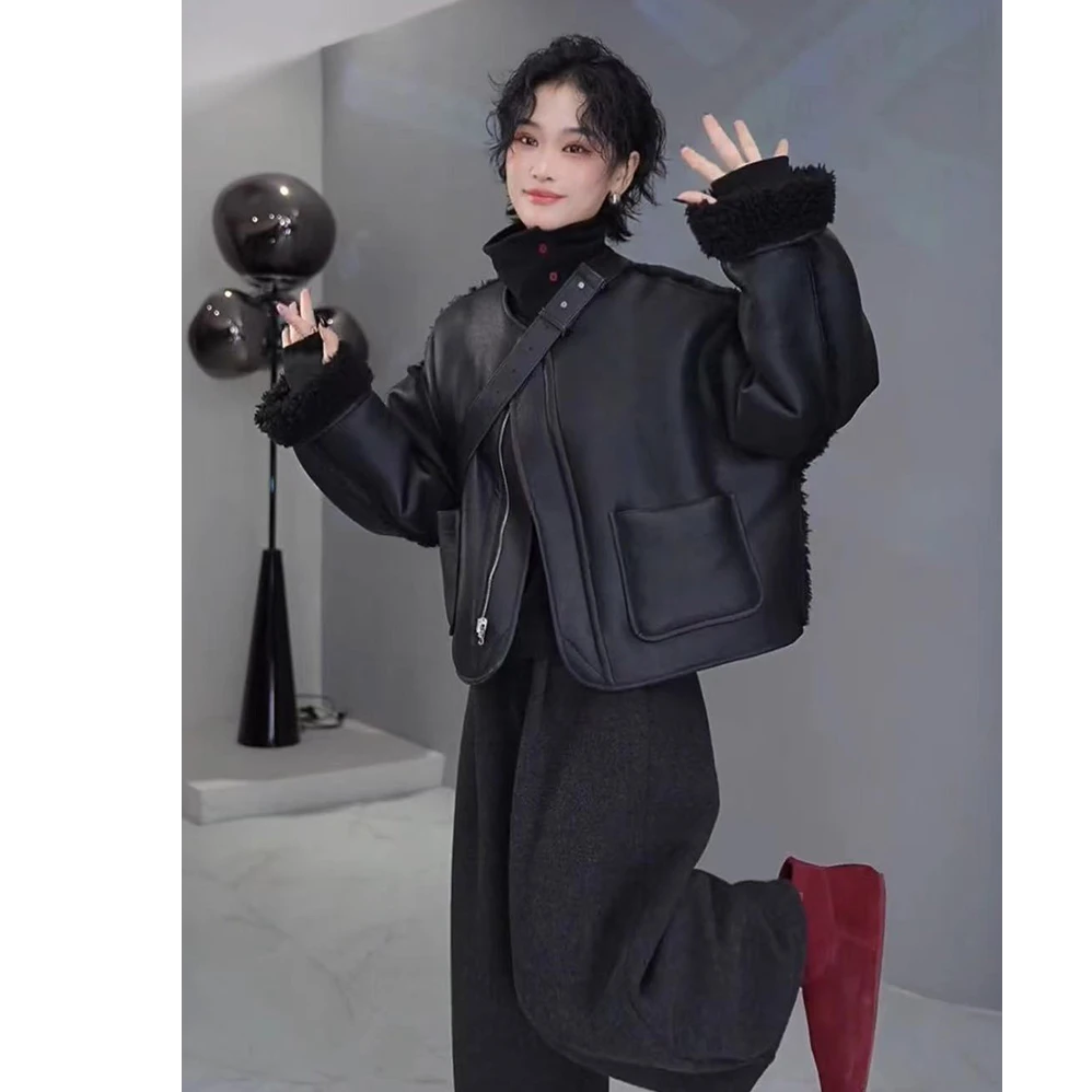 欧货立领皮毛一体加厚两面穿外套女2024秋冬新款小个子百搭上衣潮