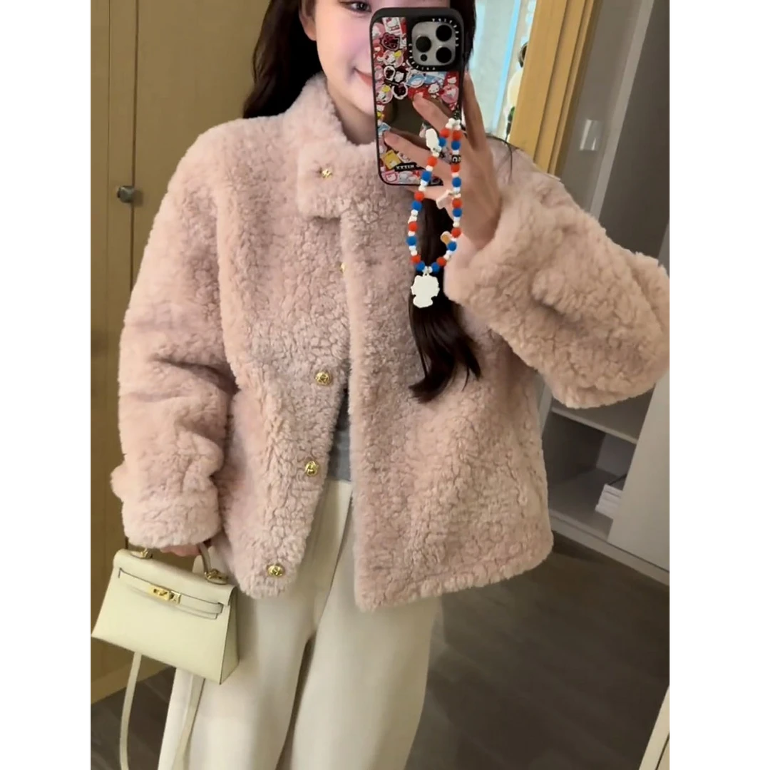 欧货立领皮毛一体羊羔毛颗粒绒短外套女冬新款加厚宽松毛茸茸上衣