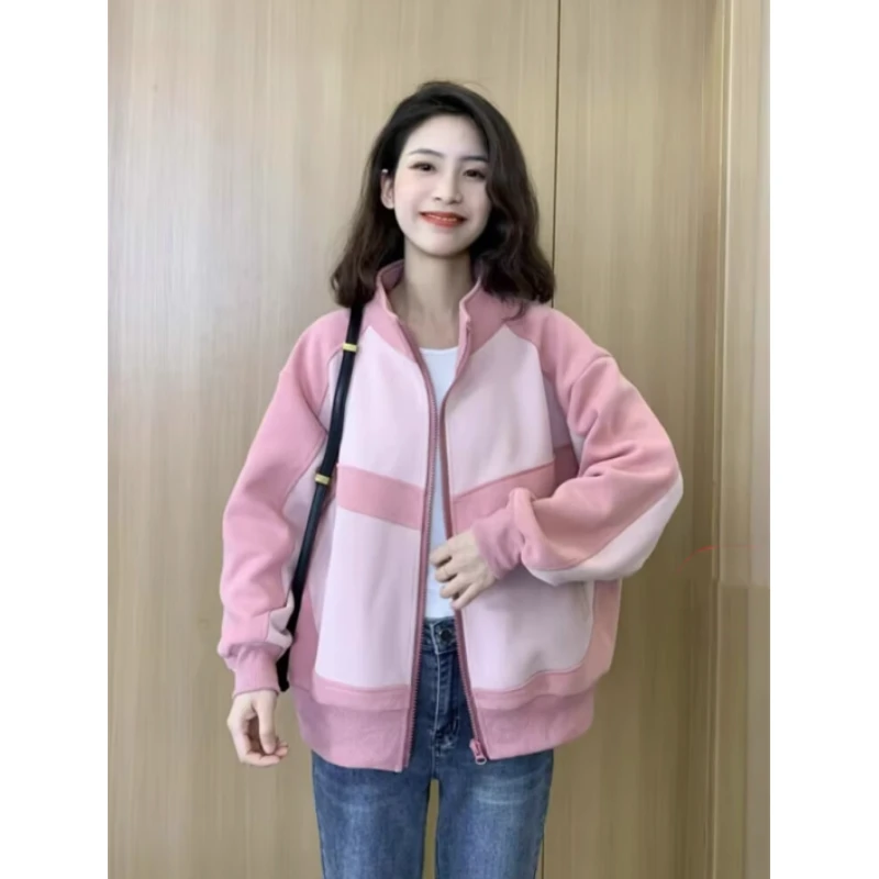 韩系休闲立领粉色棒球服外套女春秋2023年爆款设计感美式复古夹克