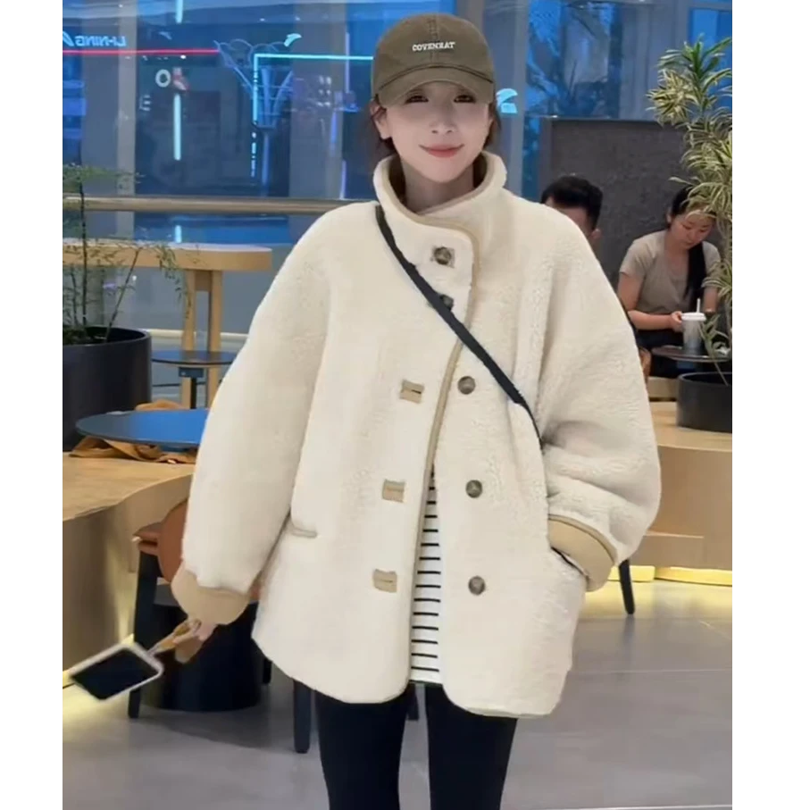 韩版立领皮毛一体羊羔毛外套2024冬季宽松休闲百搭保暖中长款上衣