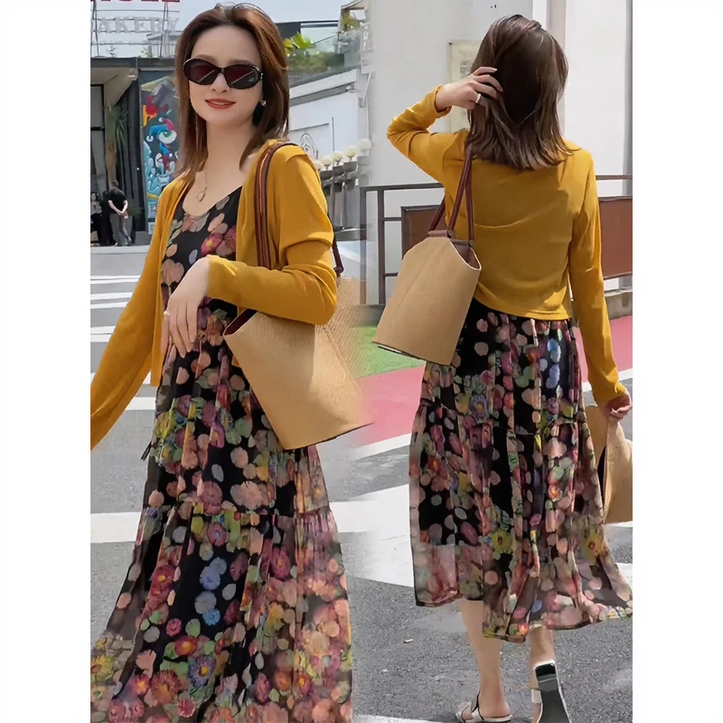 法式气质碎花吊带连衣裙时尚套装女夏季外搭防晒开衫上衣两件套装