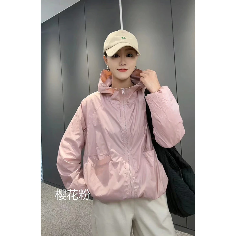 欧货双口袋连帽防晒冲锋衣外套女透气网双层防晒服拉链开衫夹克潮