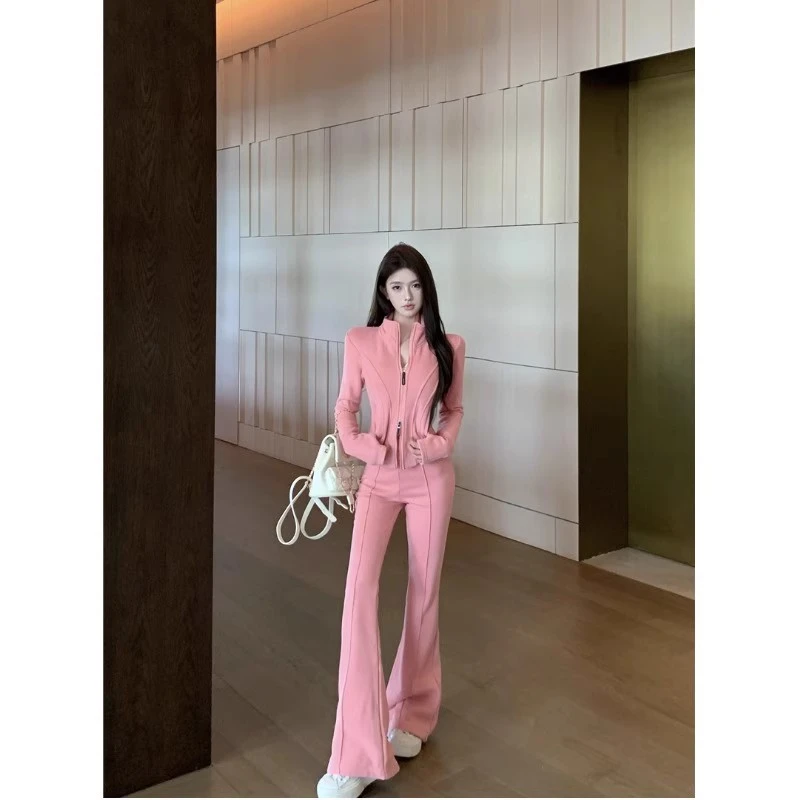 休闲运动套装粉色修身双拉链短款卫衣外套女秋季微喇叭长裤两件套