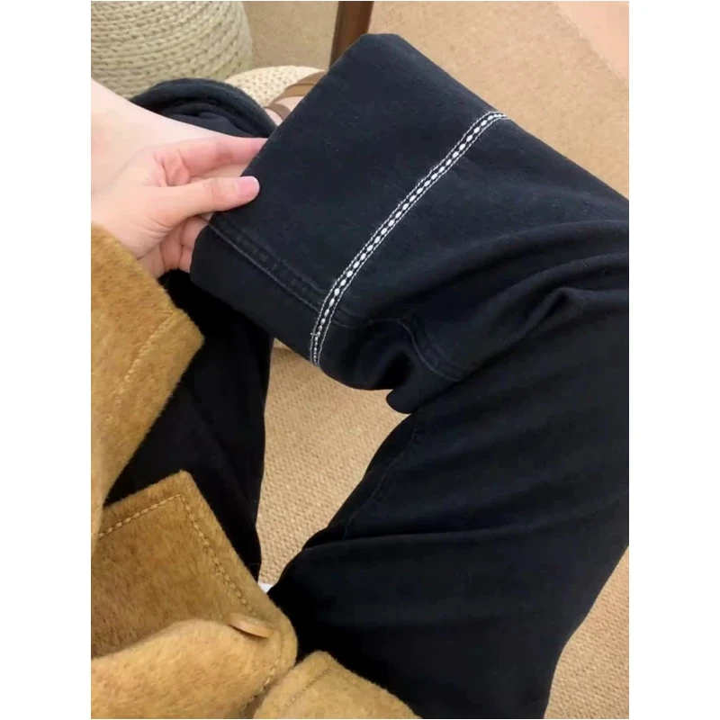 高腰刺绣四面弹直腿神裤~显瘦九分小个子窄版直筒裤