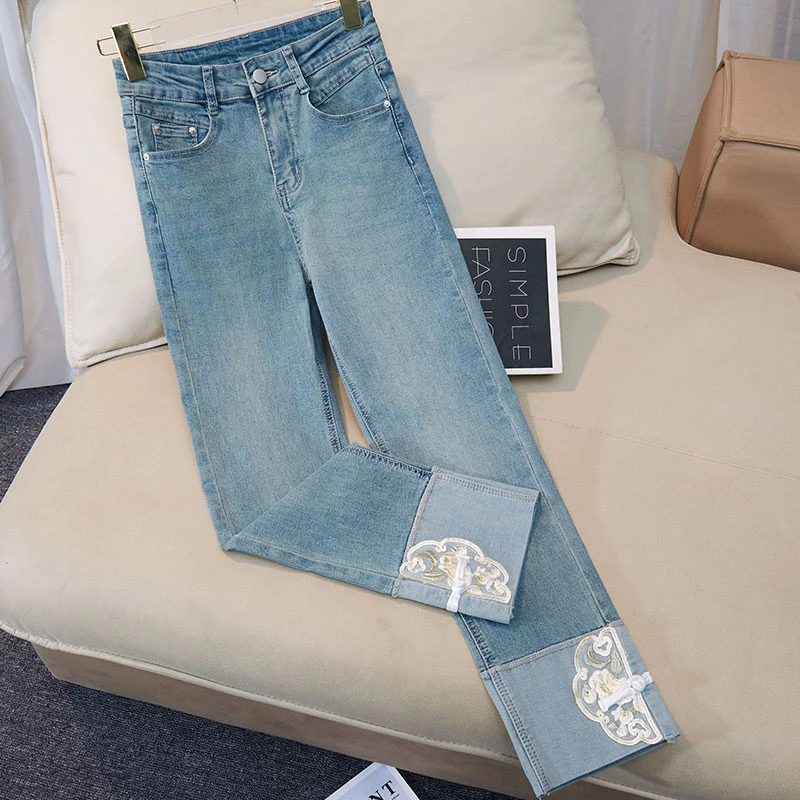 广州新塘新中式直筒牛仔裤女春夏爆款大码胖mm显瘦九分国风烟管裤