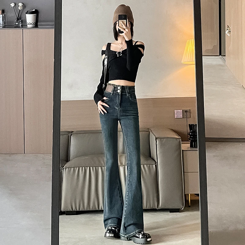 复古色小个子高腰毛边弹力微喇牛仔裤子女款爆款2025新款显瘦显高
