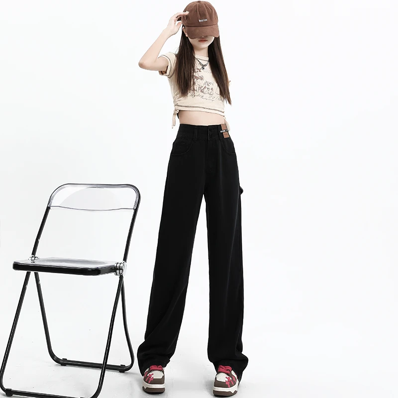 黑色薄款垂感宽松阔腿牛仔裤子女款2025新款高腰显瘦时尚百搭休闲