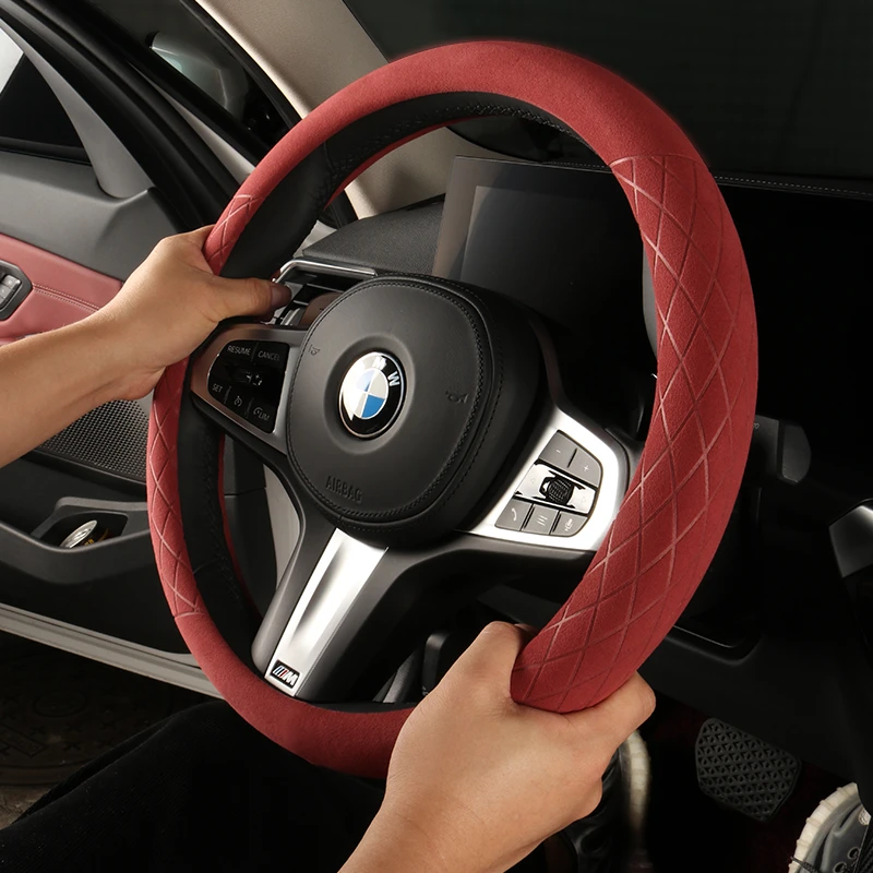宝马奔驰奥迪汽车方向盘套防滑吸汗翻毛皮火山红大众超薄把套通用