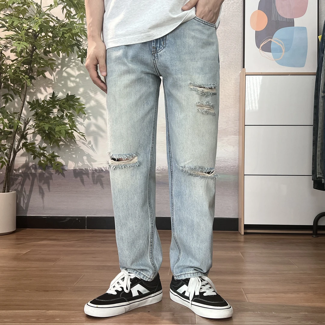 春夏季美式复古破洞男牛仔裤子宽松直筒潮流男士高街休闲百搭长裤