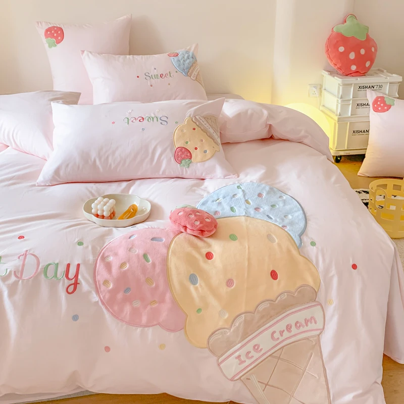 【小迪心选】粉色少女心可爱女孩全棉水洗棉四件套纯棉刺绣三件套