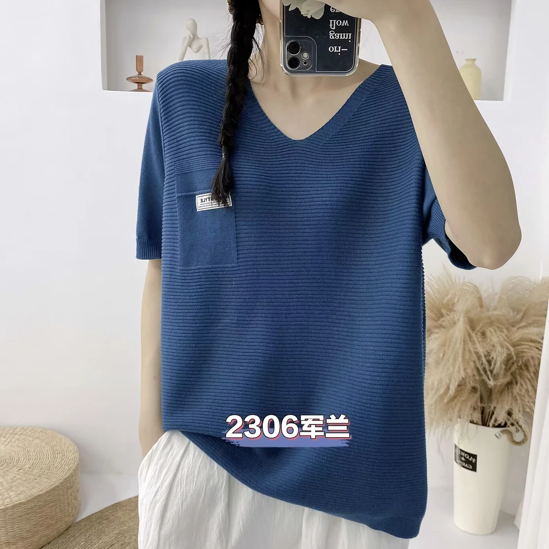 秀蔓郦2023新款2306v领棉麻针织上衣百搭纯色夏季短袖女装吸汗