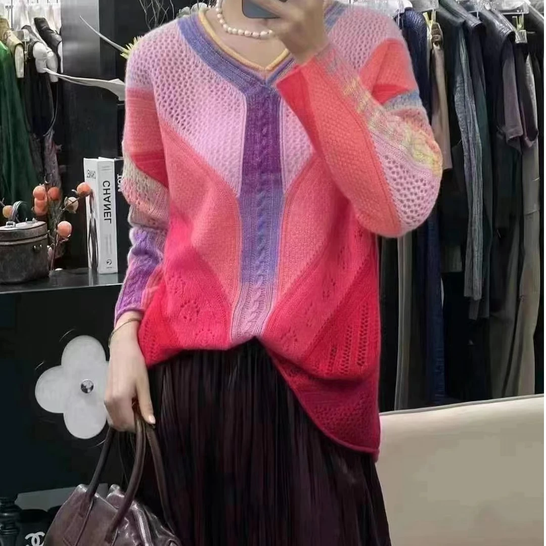 潮漠精选✦24165新款V字羊绒套衫长袖针织时尚镂空宽松拼接