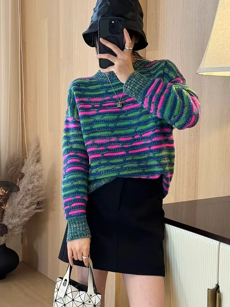 潮漠精选8325✦条纹羊绒套衫洋气针织时尚休闲百搭宽松圆领上衣