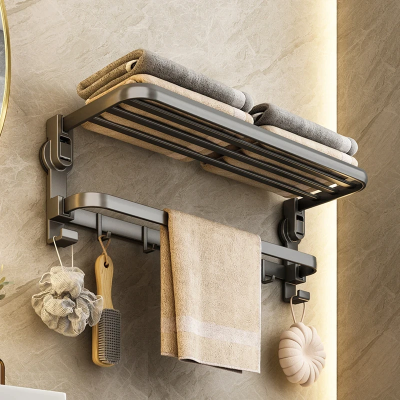 吸盘网篮浴巾架卫浴毛巾置物架双折叠太空铝浴室收纳架网篮卫生间