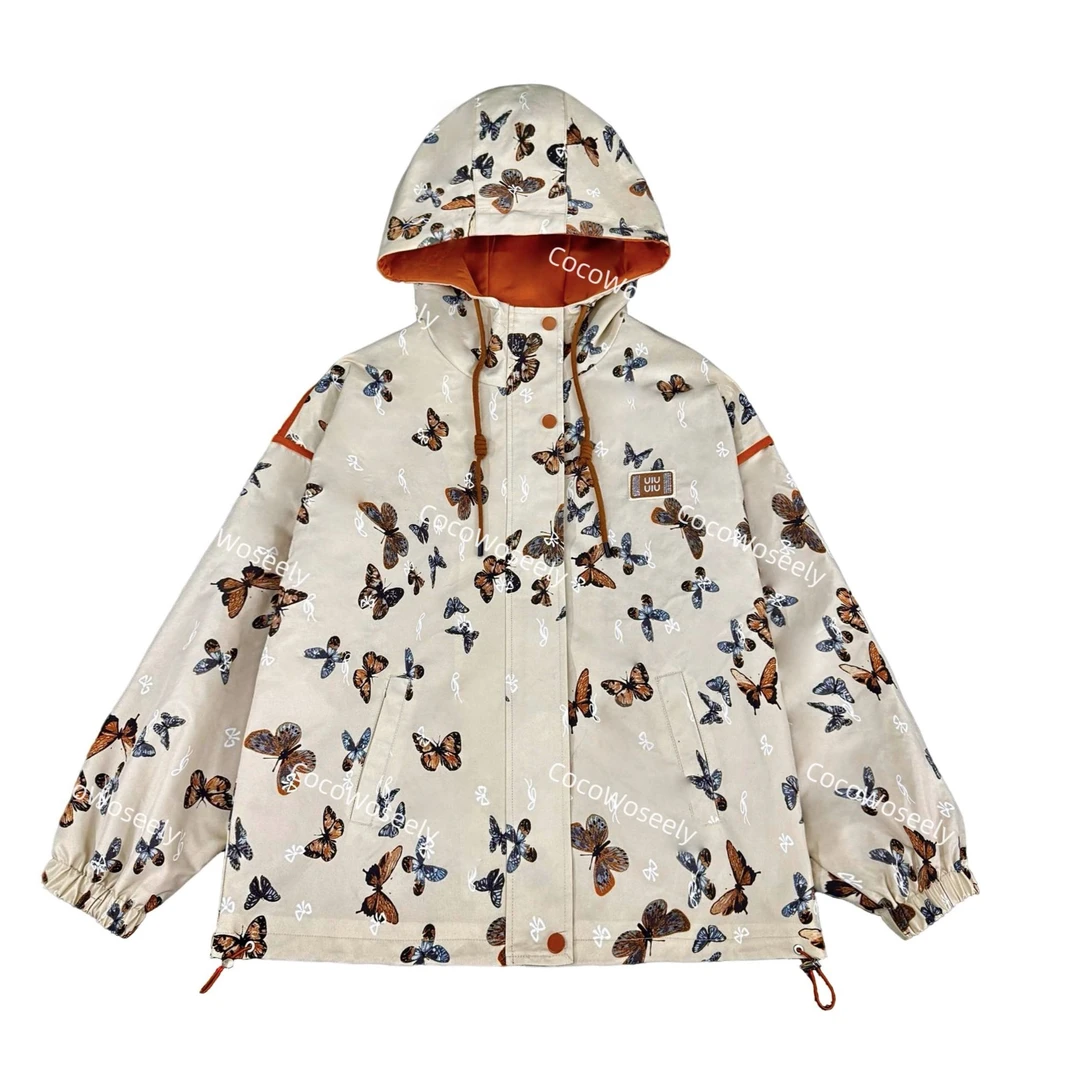 【万象撤柜】蝴蝶印花连帽宽松外套风衣冲锋衣