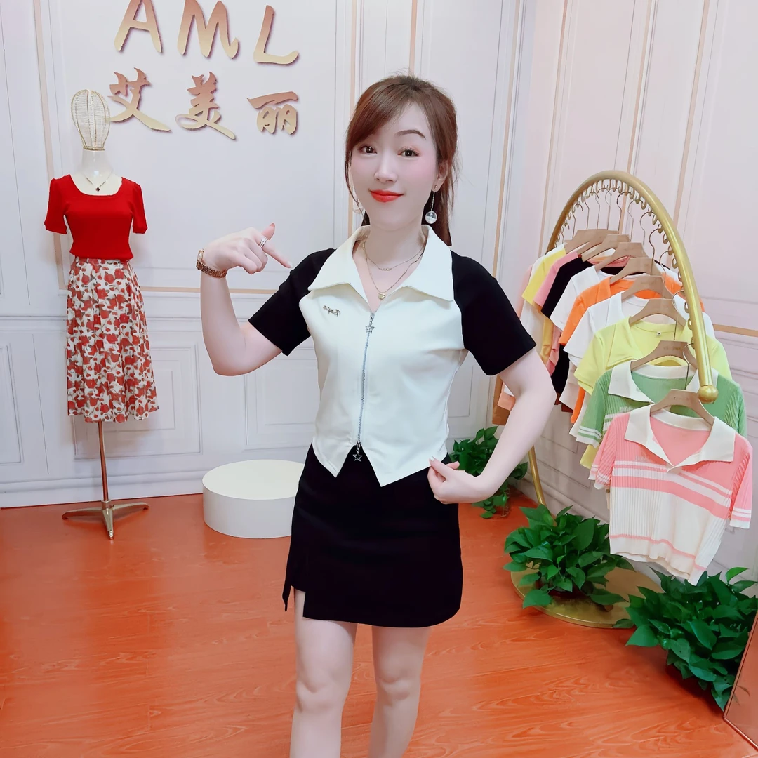 AML  POLO领下摆开叉小个子夏季时尚显瘦设计感分体两件套套裙女