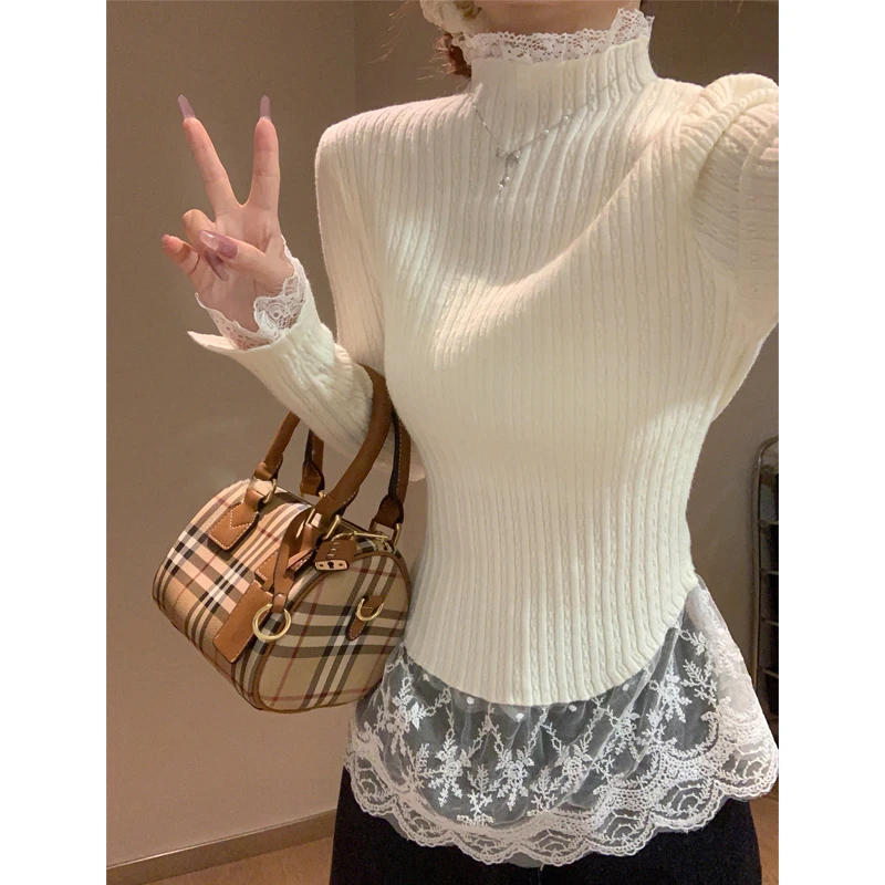 精致小众不规则蕾丝拼接半高领毛衣女秋冬修身显瘦内搭针织长袖