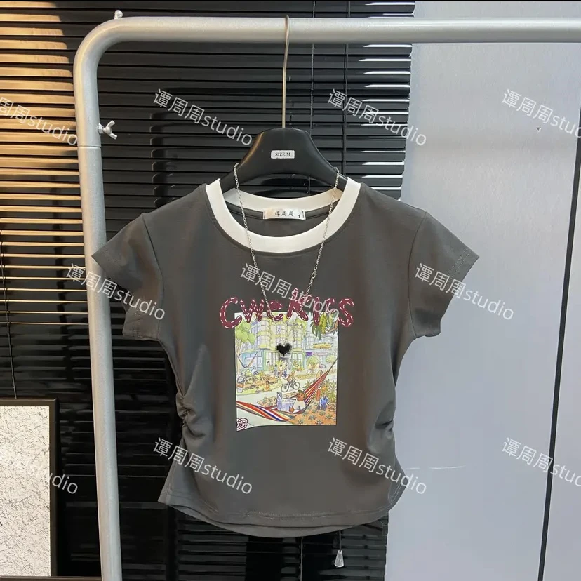 周周 夏季撞色设计感卡通印花短袖T恤女时尚新款别致小众辣妹上衣
