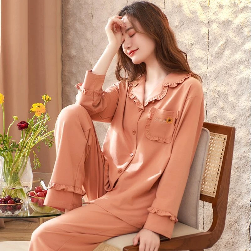 睡衣女秋冬全棉长袖开衫大码显瘦春秋款纯棉可外穿家居服套装