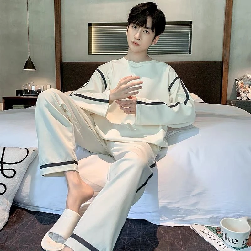 高档新款睡衣男青少年纯棉长袖春秋季宽松大码全棉四季家居服套装