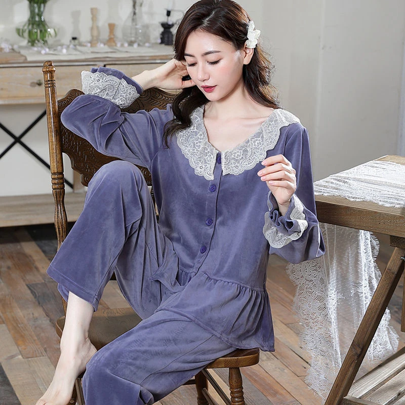 小香风珊瑚绒睡衣女秋冬季保暖加绒法兰绒冬天海岛绒家居服套装