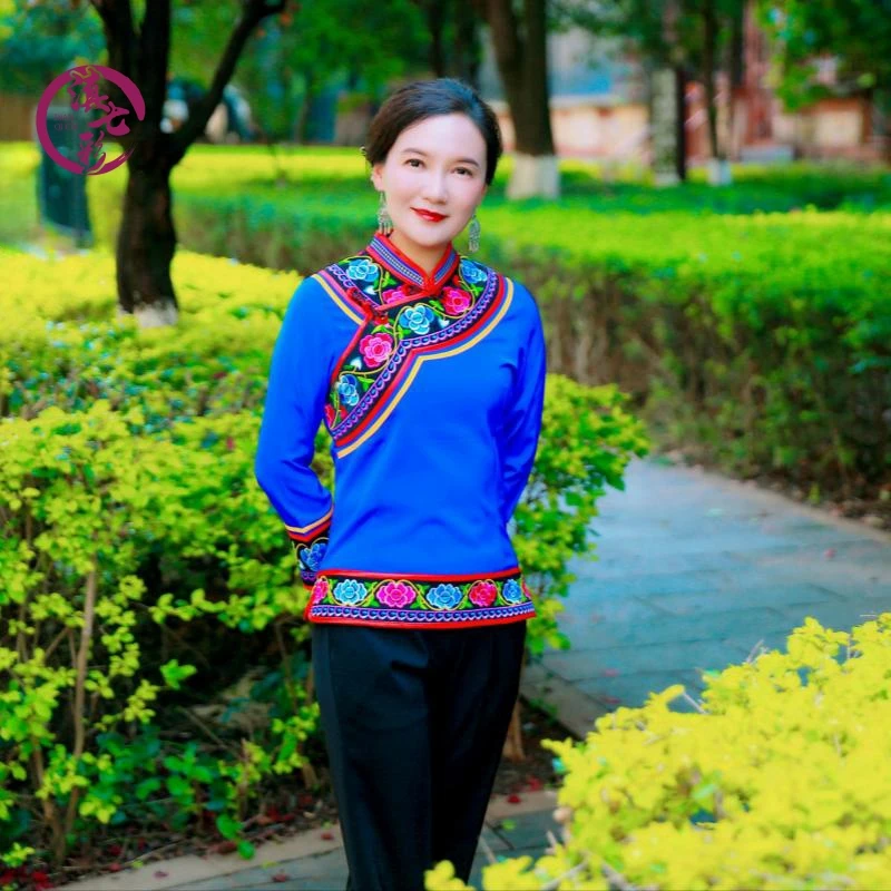新款绣花彝族女装高档民族服装长袖上衣梅花领子峨山单衣宝蓝黑色
