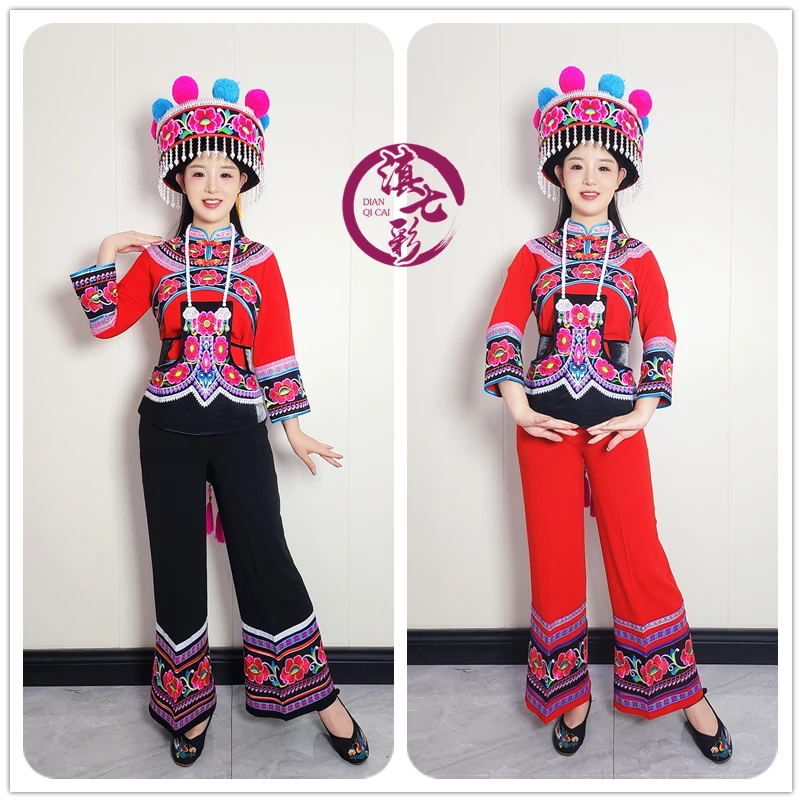 楚雄彝族女装红色牡丹花左脚舞女套装彝族火把节跳脚舞服饰广场舞