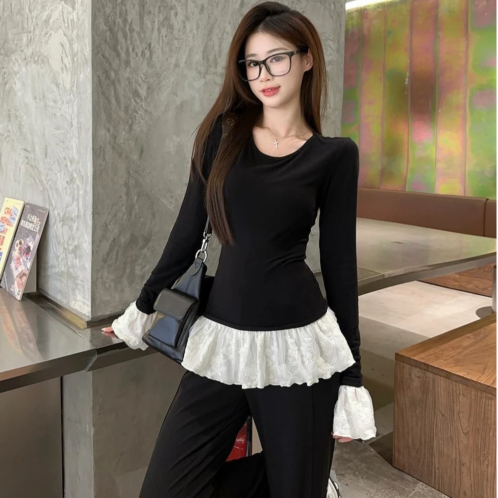 设计感百搭加绒T恤2024秋冬爆款显瘦减龄绣花拼接长袖内搭上衣女